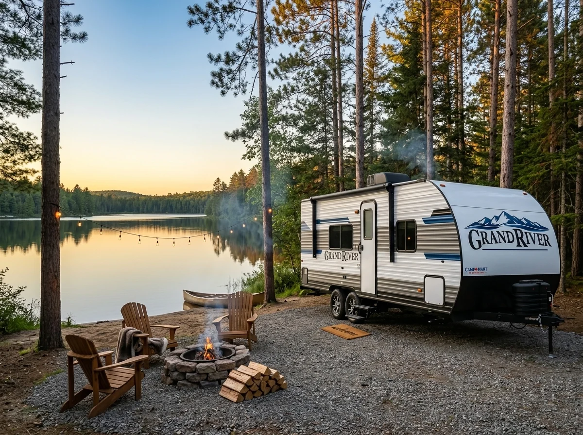 A travel trailer parked at a lakeside campsite in Northern Ontario at sunset